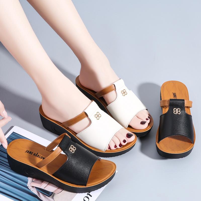 Летние женские модные сандалии на толстой подошве, кожаные домашние сандалии, женские тапочки, повседневная обувь