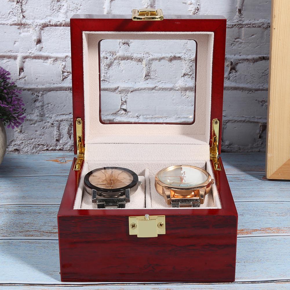 Wooden 2 Grid Watch Display Box Transparent Window Watch Storage Box (Red)