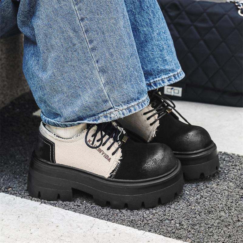 Премиум черные кожаные туфли-лоферы на платформе с увеличенным голенищем в британском стиле со шнуровкой в корейском стиле, универсальные 30399-E
