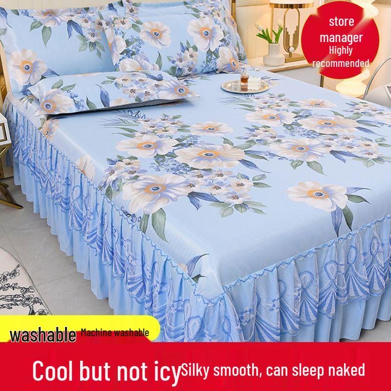 Комплект кружевной юбки для кровати из ледяного шелка и прохладного коврика - Дышащий дизайн из ротанга