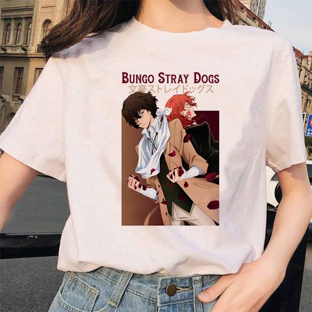 Футболка для женщин с забавным принтом в стиле аниме Bungou Stray Dogs Harajuku, повседневная женская футболка с коротким рукавом и круглым воротником для девочек, Прямая поставка
