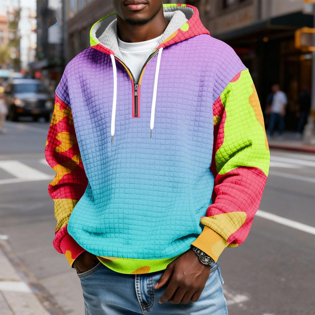 Мужской худи-пуловер в клетку с капюшоном на молнии до середины, со шнурком и принтом, повседневная спортивная толстовка