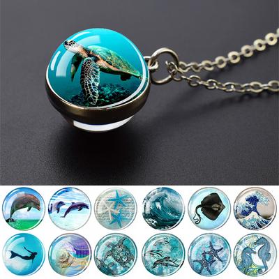 Ювелирные ожерелья с синим морем и морской жизнью, черепаха, дельфин, ракушки, двухсторонний хрустальный стеклянный шар, кулон, ожерелье для женщин и мужчин, подарок