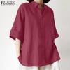 Women Casual Turn Down Collar Loose 3/4 Sleeve Cotton Blouse