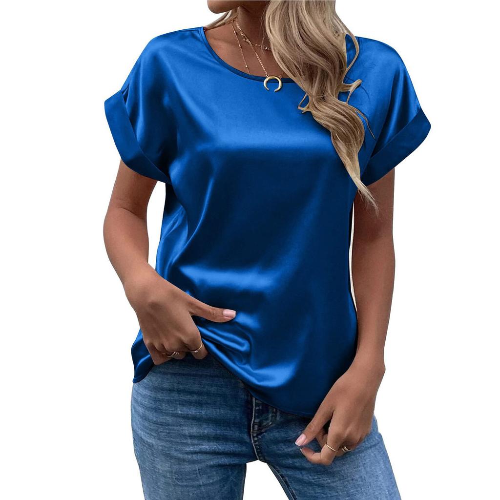 Women's T-Shirt Summer Elegant Solid Round Neck Rolled Short Sleeve Satin Silk Blouse Tops
