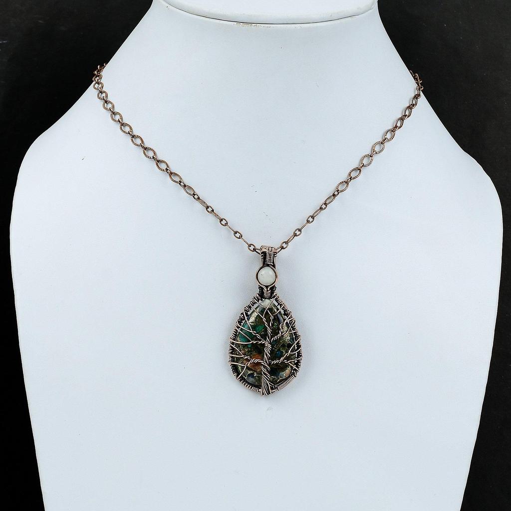 Древо Жизни Медный Кулон с Мульти-Бирюзой, Кулон с Радужным Лунным Камнем, Кулон из Драгоценного Камня, Обмотанный Медной Проволокой, Медный Ювелирный Кулон для Подарка