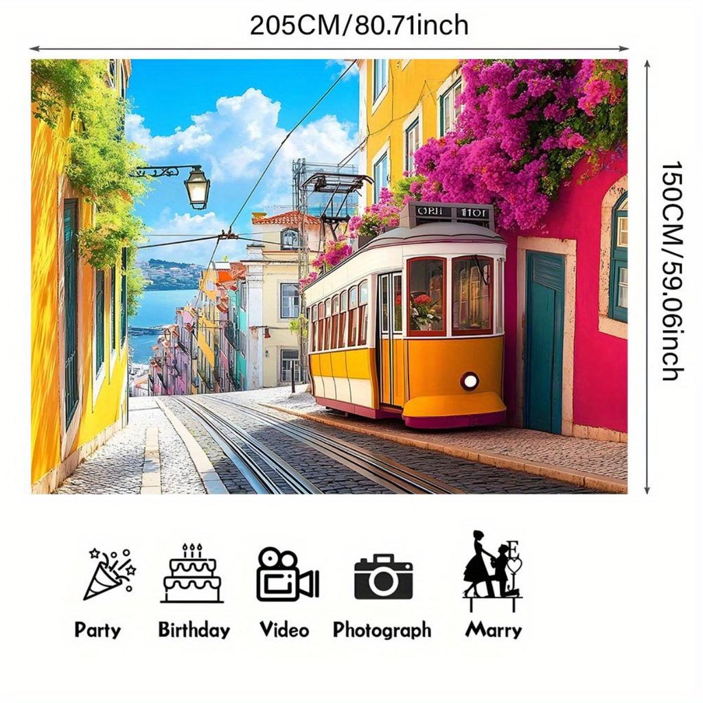 2D plane 1 vibrant travel-themed photography background showcasing colorful trams and historical streets