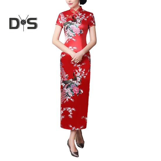 Women Dress Chinese National Style Floral Print Stand Collar Short Sleeves High Side Split Chinese Knot Buttons Cheongsam Satin Silky Slim Fit Summer