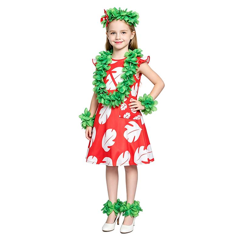 Kids Lilo & Stitch Lilo Cosplay Costume, Red Hawaiian Dress with Green Leaf Accessories for Halloween & Parties