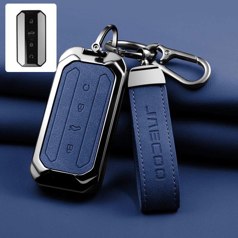 For Jaecoo JME Key Cover, 4 Colors Zinc Alloy Key Case with Leather Strap for Jaecoo 7 Omoda C7 Car Key Protector, Metal Key Fob Holder