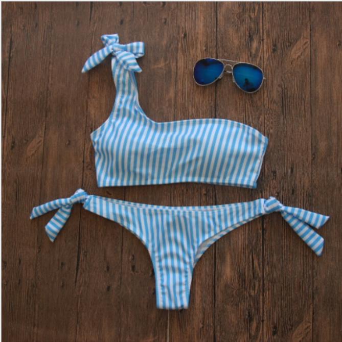 WTEMPO Сексуальный женский купальник в полоску с завязками на одно плечо и бикини