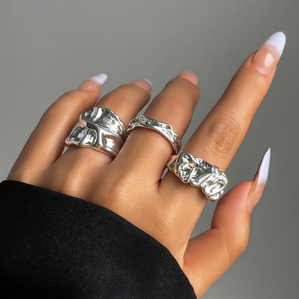 3Pcs Vintage Irregular Pleated Open Ring for Women Men Vintage Punk Liquid Metal Style Finger Y2K Accessories Fashion Jewelry