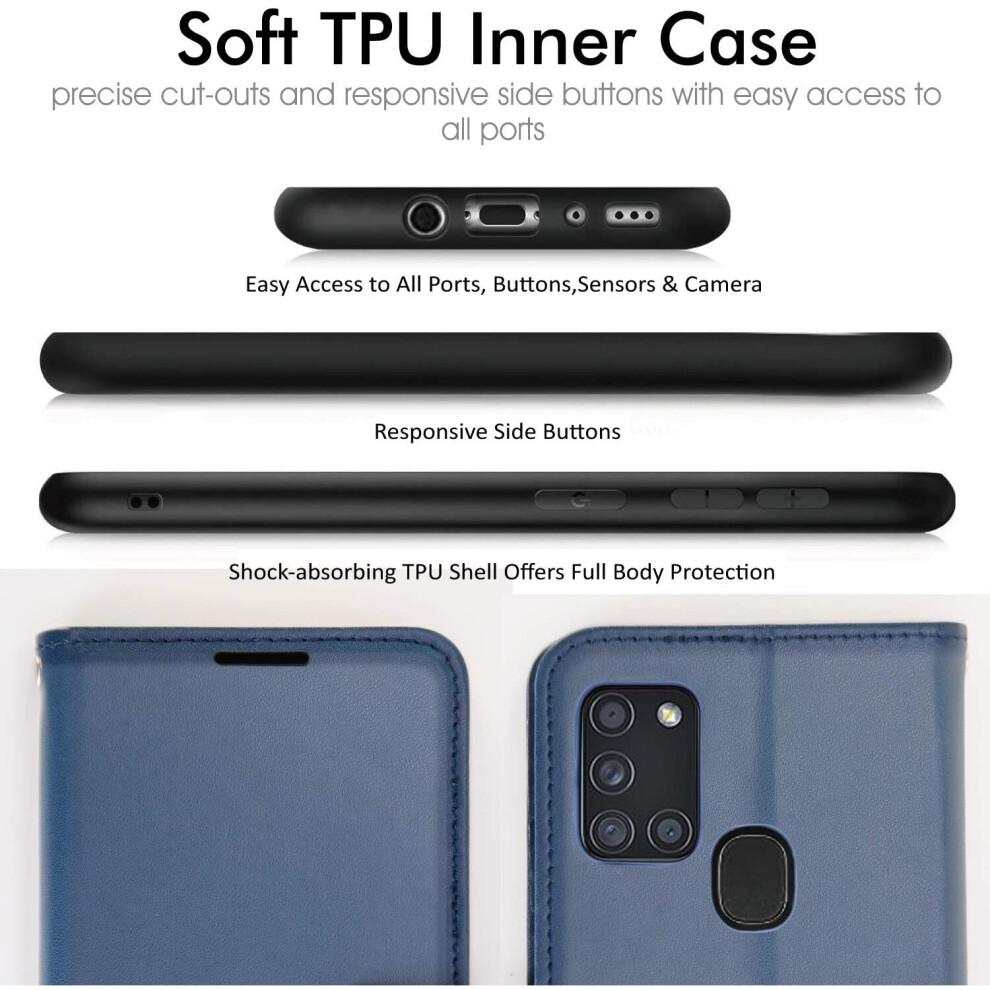 Galaxy A21s Leather Wallet Case - Navy Blue, Flip Cover with 3 Card Slots + Money Pocket, Stand & Wrist Strap, Magnetic Closure 