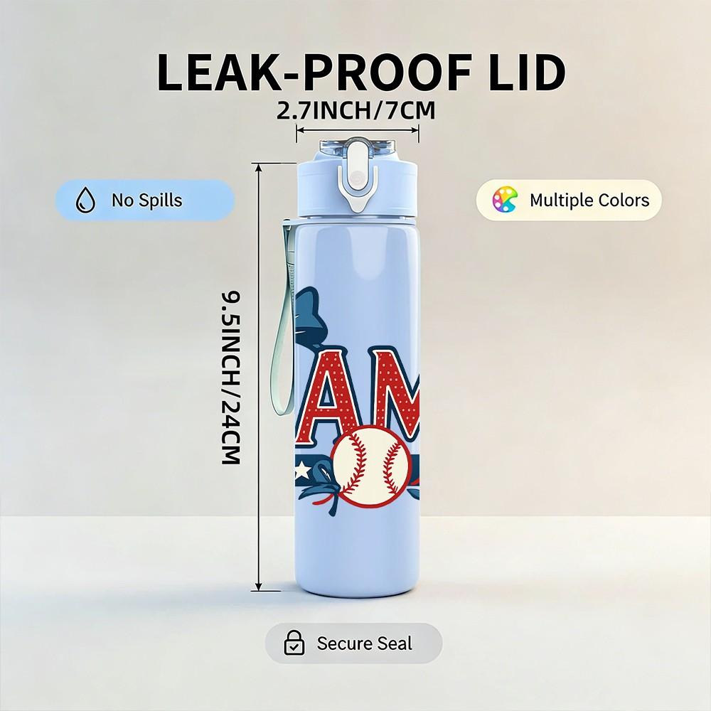 1PC Mama Baseball Bow Logo 750ml Color Plastic Sports Water Bottle Leakproof Flip Straw Lid Suitable for Sports Office Home Use