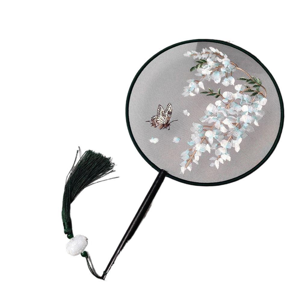 Round Double Sided Embroidery Fan Chinese Style Flower Silk Fan Vintage Hanfu Hand Fan for Guests