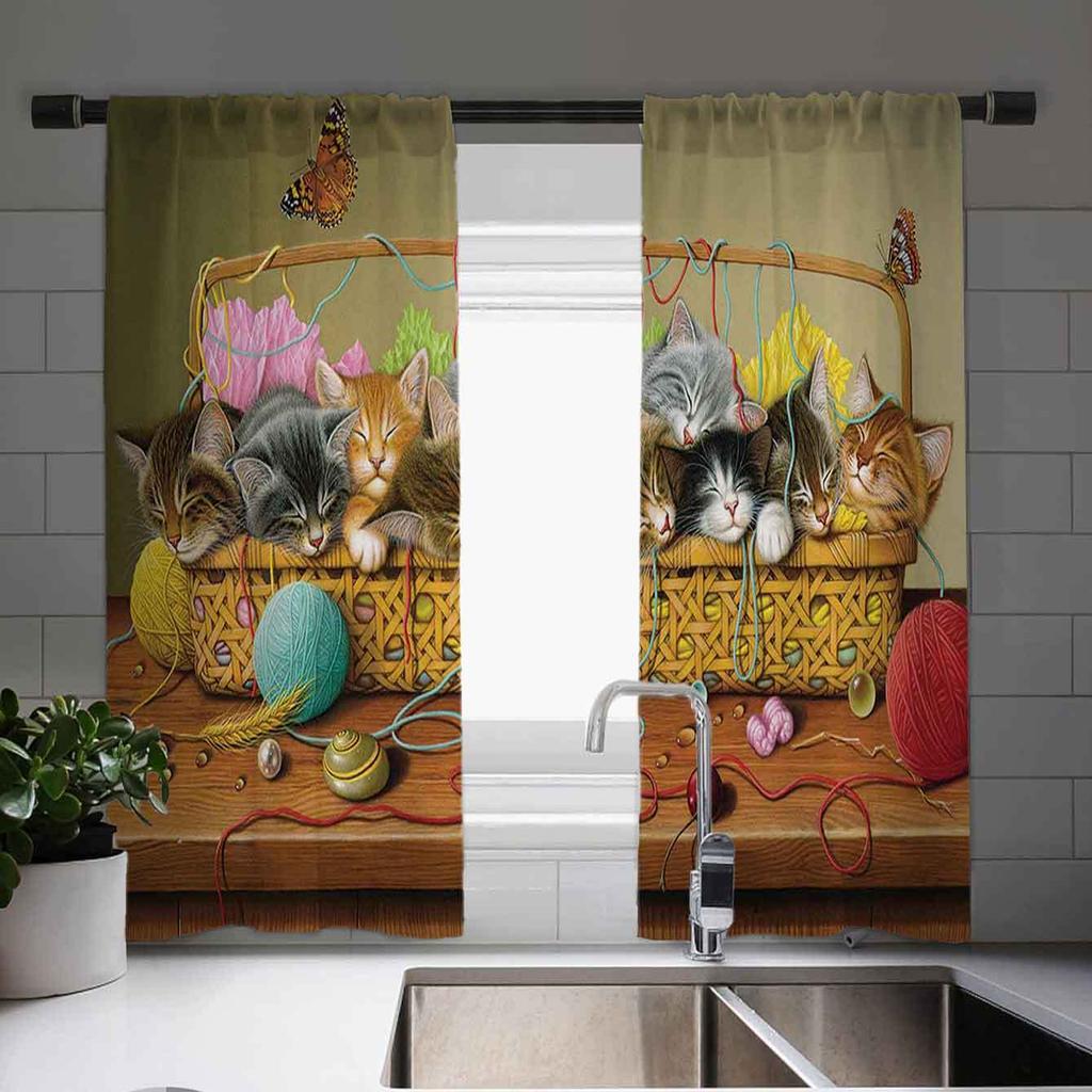 2-панельные шторы с принтом «Кот Фортуны» Шторы для кухни с рыбками Кухонные жалюзи Оконные шторы 75% затемнения Кофейные шторы