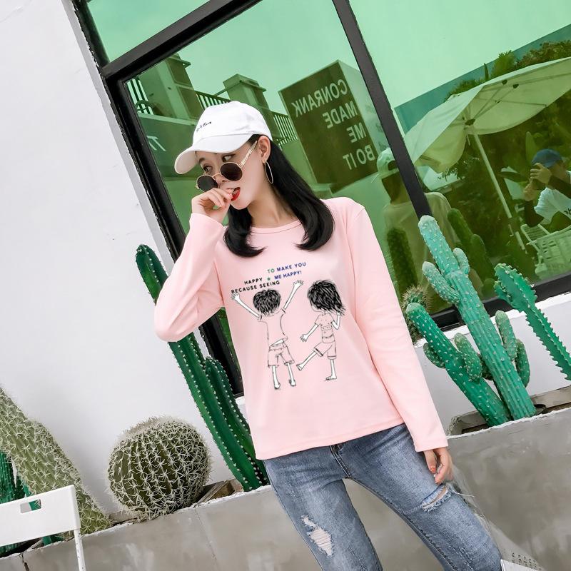 Осень Новая Свободная Женская Футболка с Принтом Мультяшная Круглый Вырез Длинный Рукав Женская Базовая Футболка