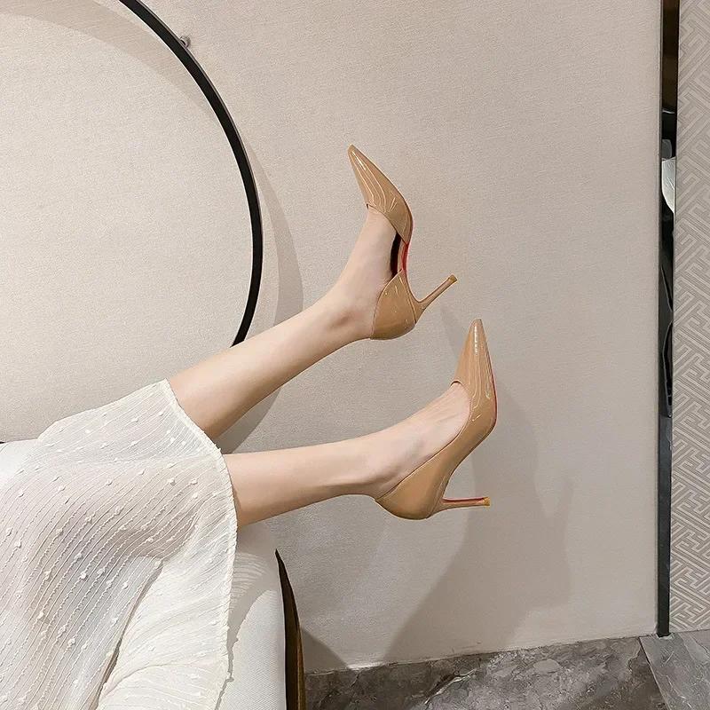 Красная подошва лодочки женские туфли черные остроконечные лакированные кожаные туфли с боковыми вставками на высоком каблуке женские тонкие каблуки элегантные и сексуальные одинарные туфли