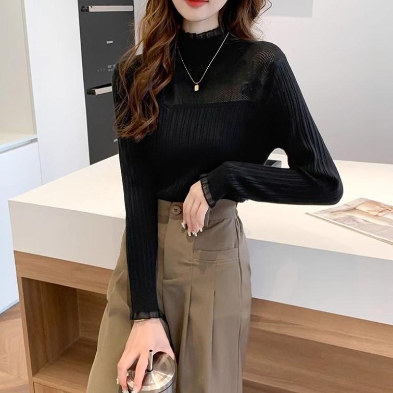 Осенне-зимняя однотонная базовая рубашка женская кружевная полувысокая горловина свитер трикотажный топ модный