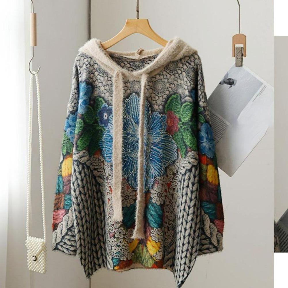 Большие размеры Зимние свитера Женские свитера большого размера Пуловеры Длинные рукава Шапки Вязание Свободный узор Печатный свитер