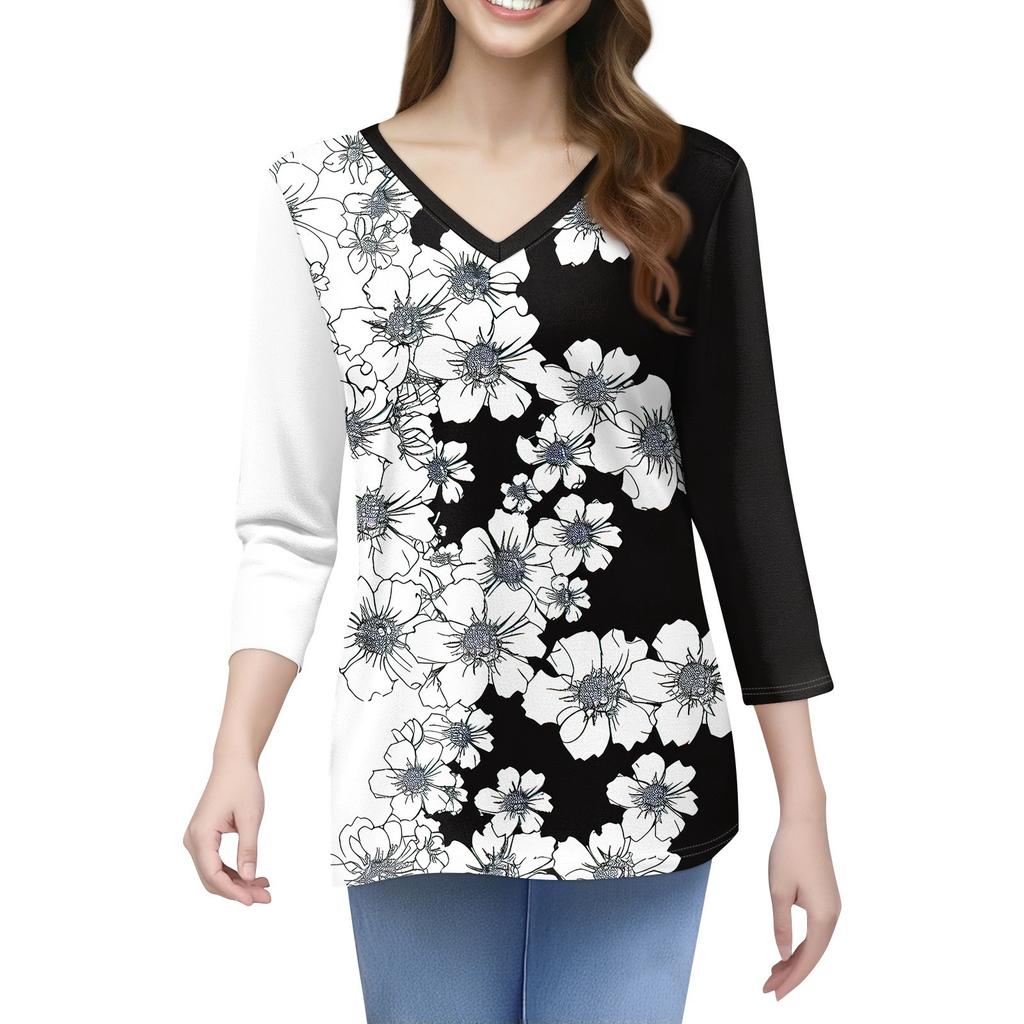 Женская футболка с принтом, рукав 3/4, повседневная мода на выходные, базовый топ с V-образным вырезом