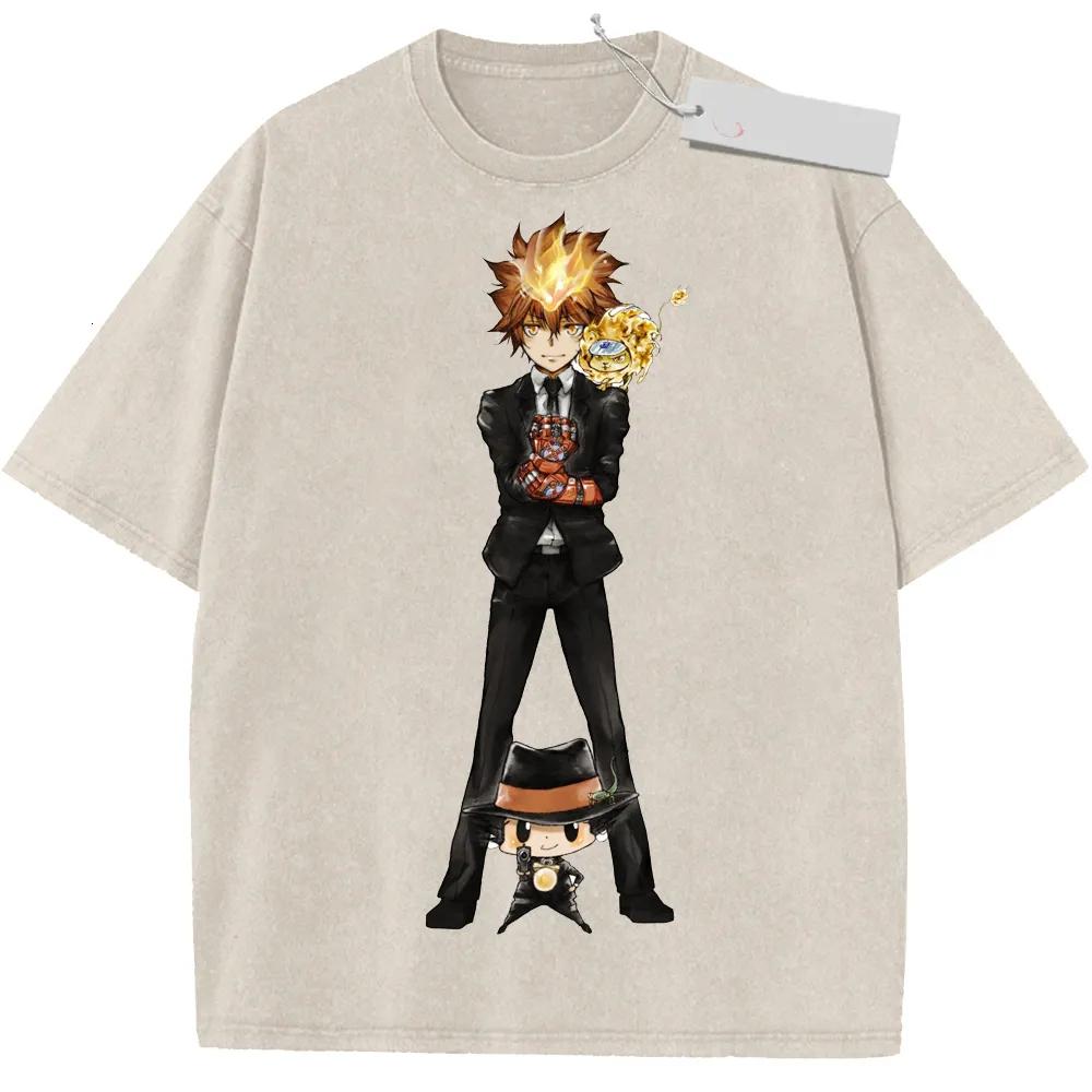 407. Стирка Футболка Япония Аниме Katekyo Hitman Reborn Стирка Хлопок Футболка винтаж Стиранная Летняя Короткий рукав Мультфильм Савада Цунаёси Повседневная Футболка оверсайз