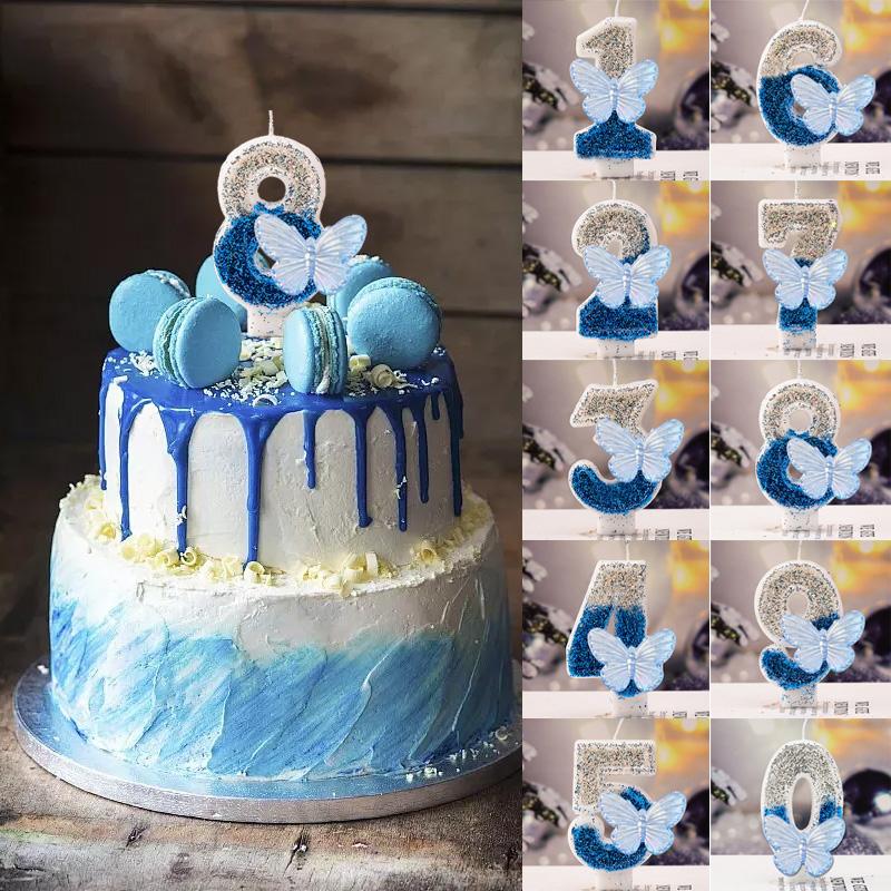 1 шт., цифровая свеча с номером 0-9, блестящий серебряный топпер для торта, синяя бабочка, принадлежности для дня рождения