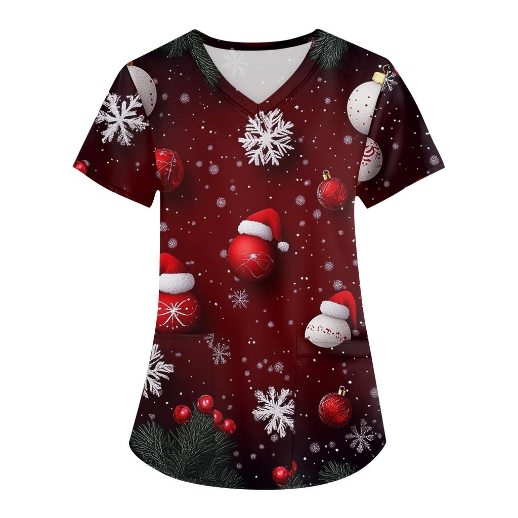 Women's Fashion V-neck Short Sleeve Workwear With Pockets Christmas Printed Tops