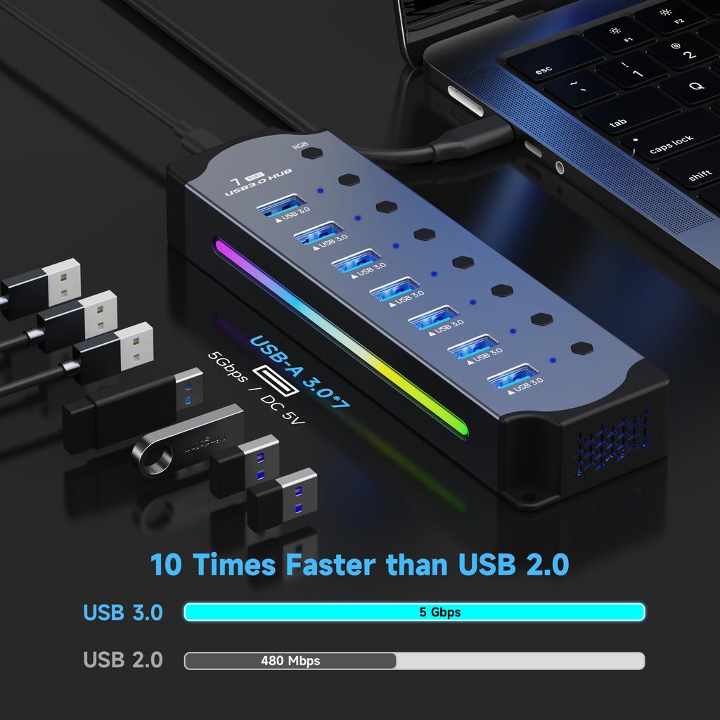10-портовый USB-хаб с питанием, интерфейс USB 3.0, индивидуальные переключатели, RGB, E-Marker, конструкция с теплоотводом, адаптер питания 5 В постоянного тока
