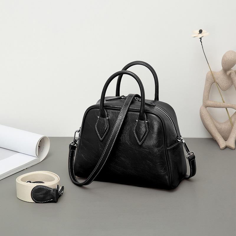 Niche First-Layer Cowhide Boston Pillow Bag Single Shoulder Crossbody Portable Leather Women's Bag Tide