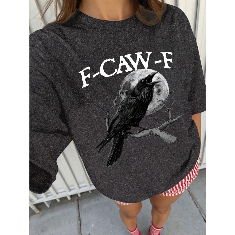 Женская белая футболка с коротким рукавом большого размера, с принтом «F - CAW - F» Ворон и Луна, повседневный топ в готическом стиле
