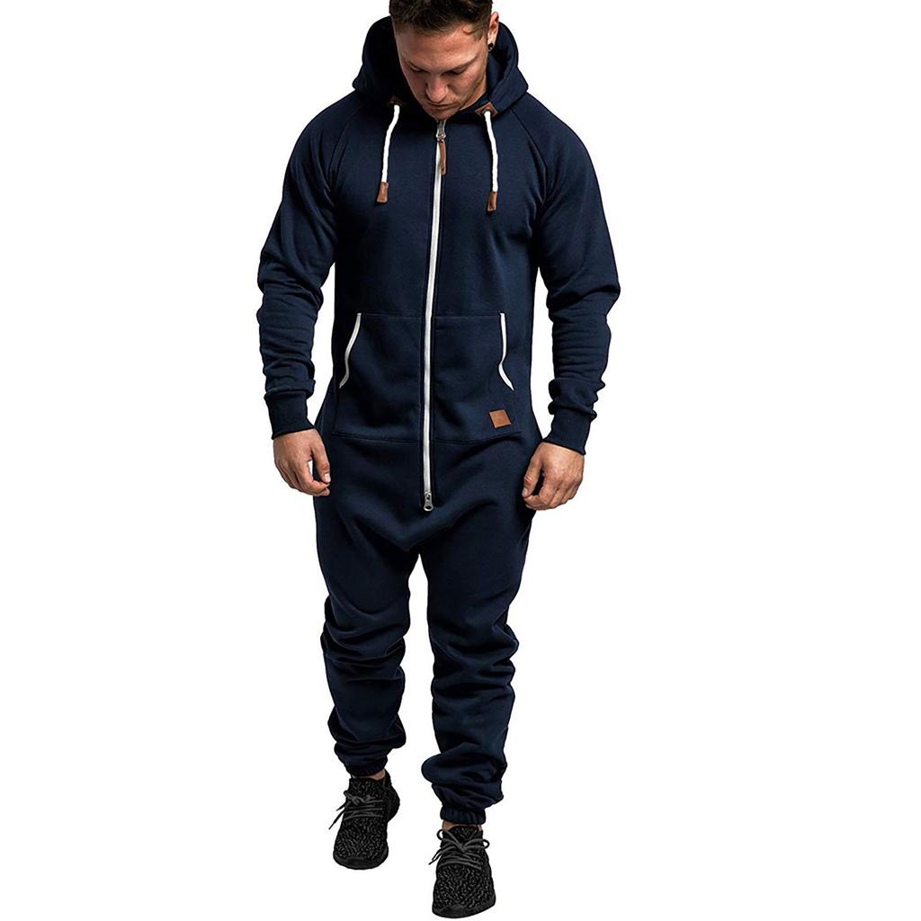 Men's Fall Hooded Fleece Jumpsuit Patchwork Solid Color Sports Jumpsuit