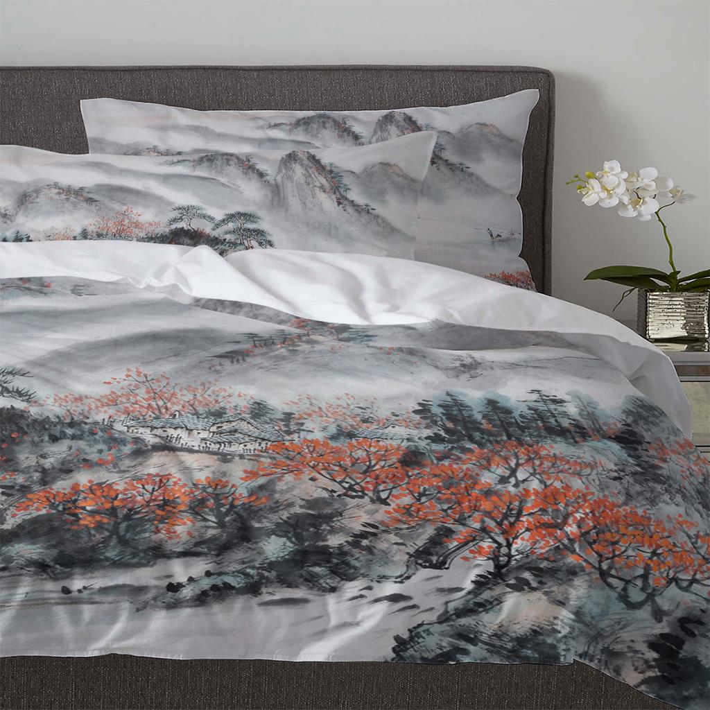 Пододеяльник в стиле китайской живописи тушью с наволочкой, на заказ, комплект постельного белья из 3 предметов, пододеяльник, двуспальная кровать, домашний текстиль