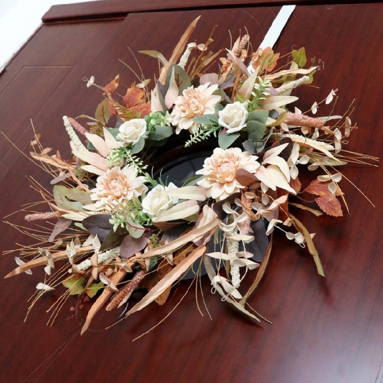 Cream Coffee Color Wreath for Front Door Handmade Artificial Floral Wreath with Bright Blooms and Foliages for Decors