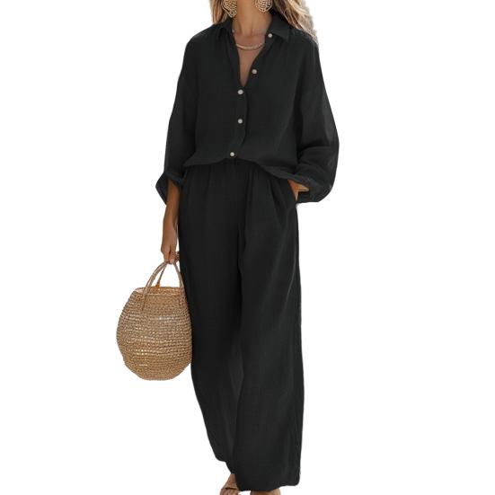 Женский повседневный костюм из двух частей: футболка с длинным рукавом на пуговицах и брюки с широкими штанинами. Осенне-весенний комплект для отдыха.