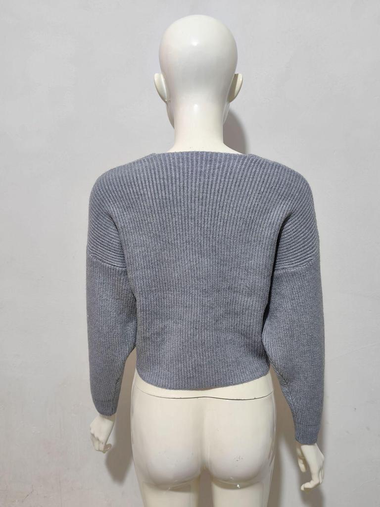 2025 Европейский и американский осенне-зимний кроп-топ с V-образным вырезом и перекрестной завязкой, пуловер, свитер, кардиган