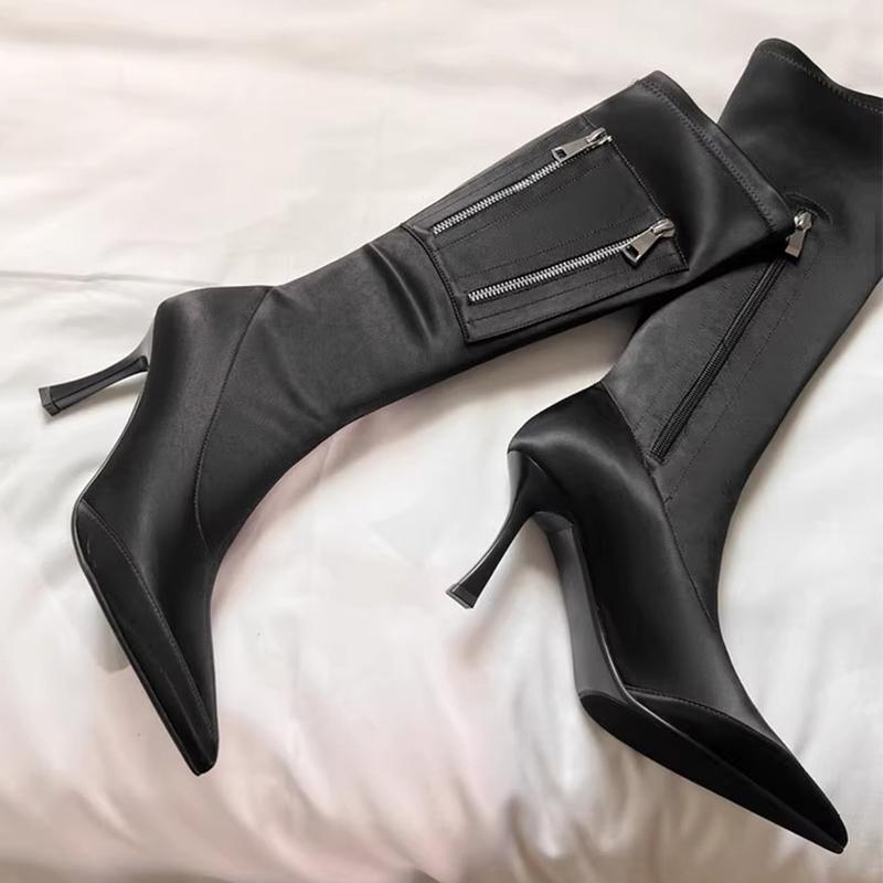Модные женские сапоги из искусственной замши на тонком каблуке, высокие сапоги до колена, классические черные сапоги с заостренным носком на молнии, зимние и осенние туфли на шпильках