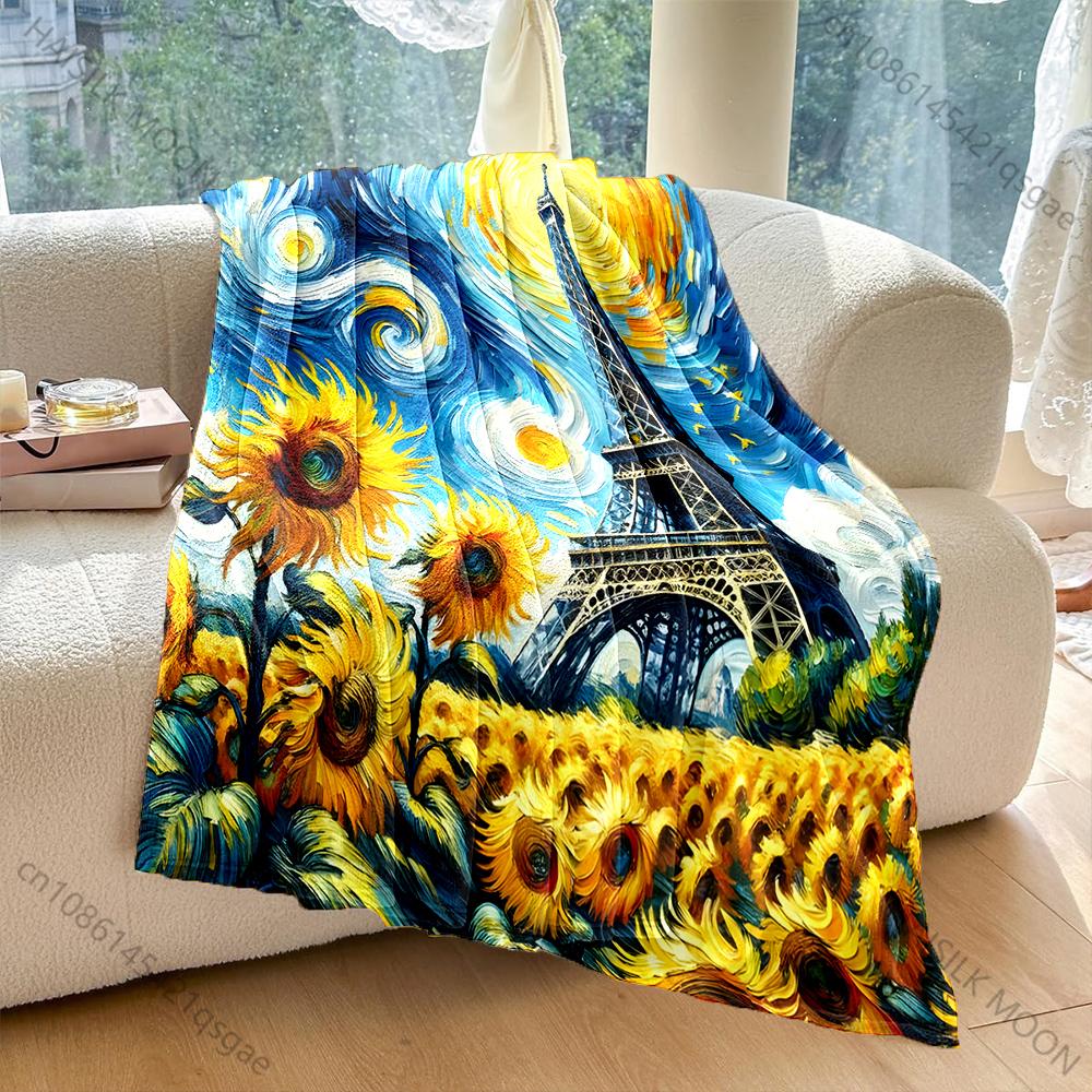 Swirling Sunflowers and Eiffel Tower Pattern Blanket Flannel Material Soft Warm for All Seasons, Home Outdoor Camping Picnics RV