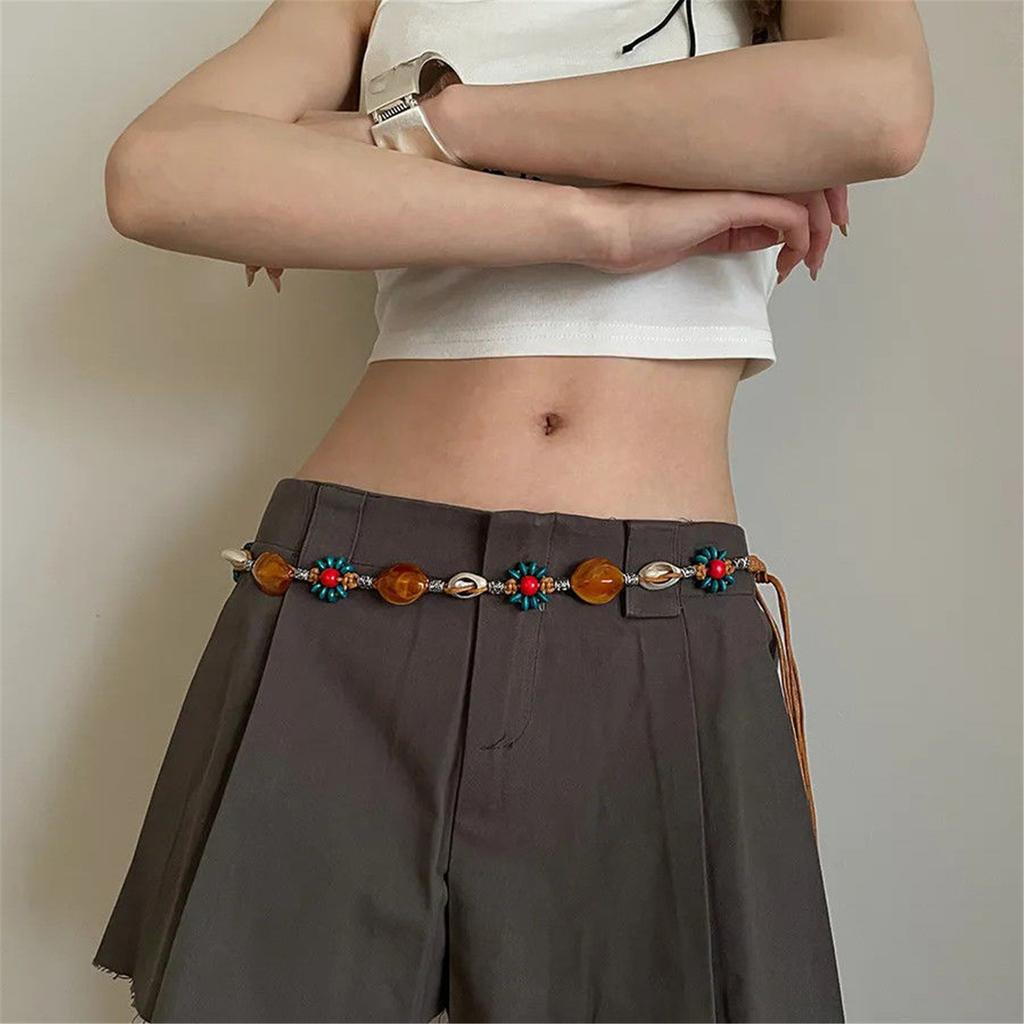 Adjustable Bohemian Braided Waist Rope with Beaded Design Waist Jewelry for Dresses and Skirts Wax Rope Accessory