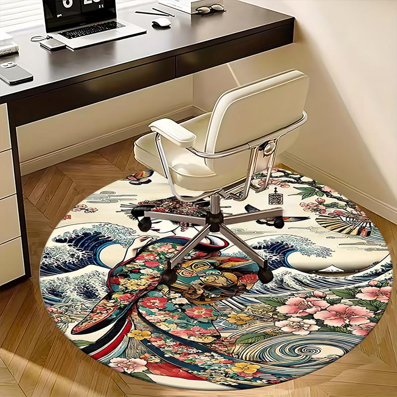 Japanese Geisha,Traditional Kimono Chair mat Round Rug-Office carpet, Machine Washable, Non-slip, Suitable for Living Rooms, Bedrooms, Entry