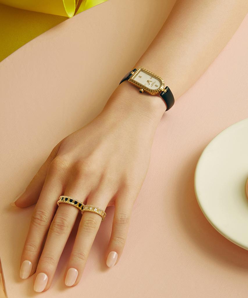 Lollalojeu Arch Mother-Of-Pearl Black Leather Strap Women'S Wristwatch