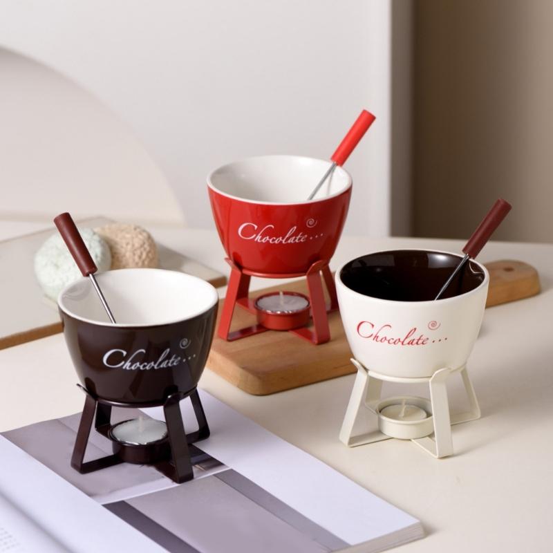 Fondue Pots Set with Fork for Chocolate,Cheese,Candy,Appetizer Tealight Porcelain Melting Pots Ceramic Butter Warmers Set