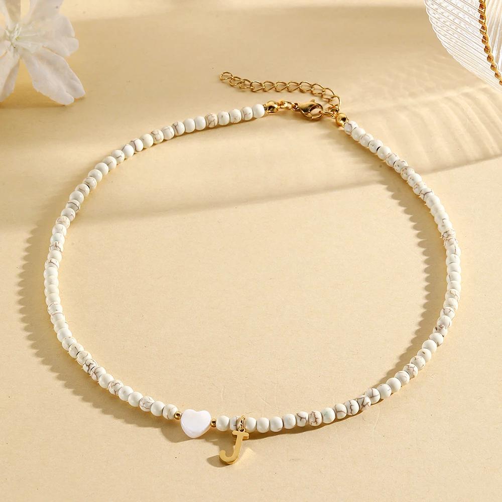 Bohemian Choker Neck Initial Necklaces Heart-shaped Shell Letter Pendant Beads Women's Stainless Steel Necklace Woman Trend2025