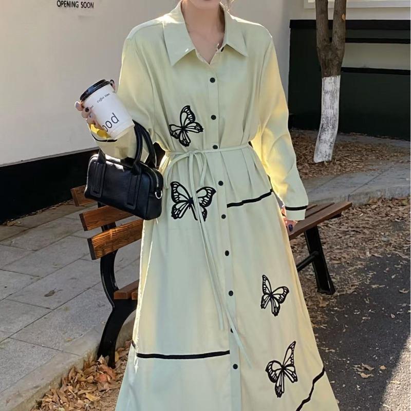 Этнический стиль ретро бабочка вышитая миди платье рубашка свободный шнуровка однобортный повседневный платье новая мода женская одежда