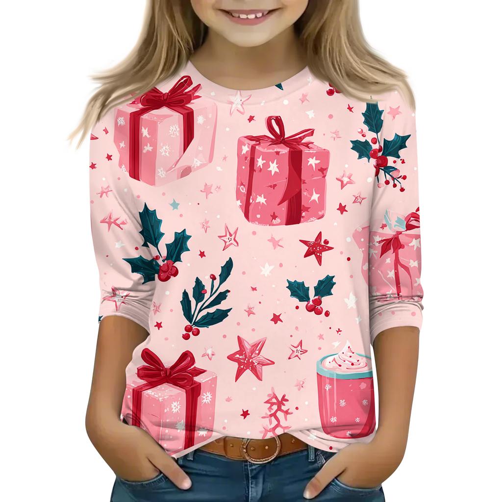 Children's 3/4 Sleeve Round Neck Top Christmas Tree Printed Everyday Casual Top