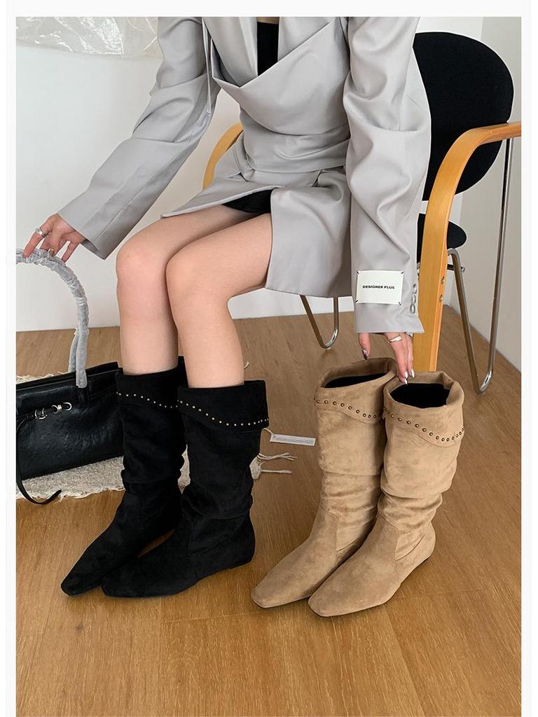 Женские ботильоны из овчины в французском нишевом стиле с острым носком, на танкетке, со сборками, в ковбойском стиле, 2025