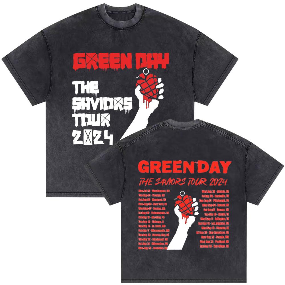 Washed Vintage Punk Band Green Day  World Tour T Shirts Men Retro Gothic Rock Tshirt Male Cotton Casual Oversized Tshirts