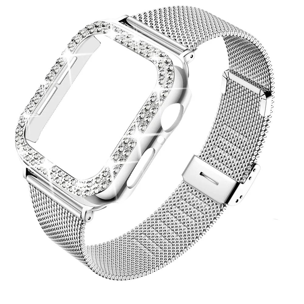 Алмазный корпус + Металлический ремешок Для iWatch Band Ultra 2 Браслет из нержавеющей стали Для Apple Watch 9 8 7 45мм 44мм 40мм 41мм Серии 6 5 4