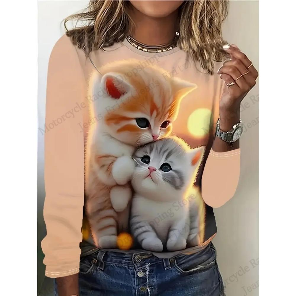 Two Cute Cat Patterns Graphic 3d Print T-Shirt Women's Long Sleeve T-shirt Women Clothing Top Fashion Casual Oversized Tops Tees