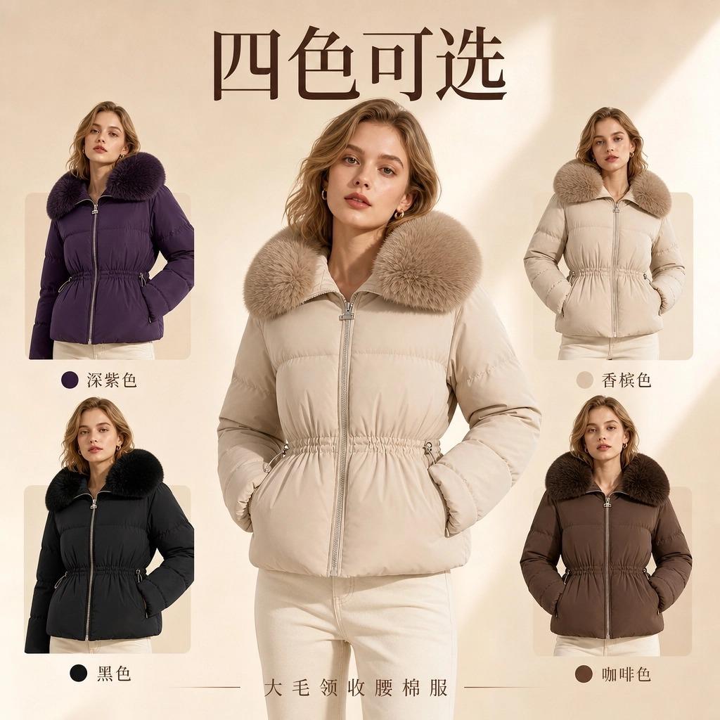 Big fur collar waist padded jacket for women's winter new fashionable versatile warm cotton clothes for women